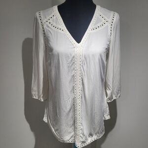 Reitmans Women's V-Neck Eyelet Peasant Blouse Small White Boho Cottagecore NEW